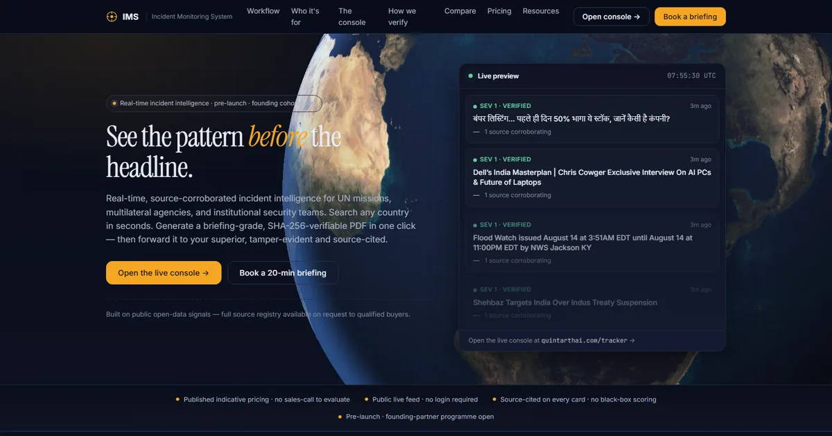 IMS — real-time incident monitoring console with live global feed