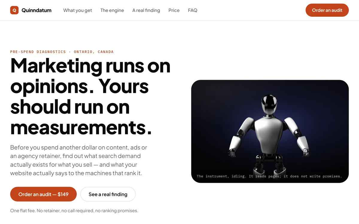 Quinndatum &mdash; pre-spend marketing diagnostics site, &lsquo;marketing runs on opinions, yours should run on measurements&rsquo;