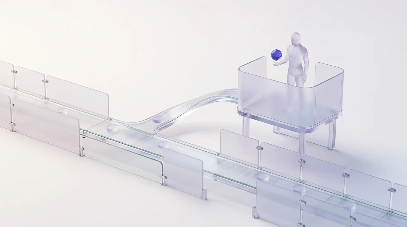 An automated agent pipeline bounded by glass guardrails with an escalation branch leading to a human operator checkpoint