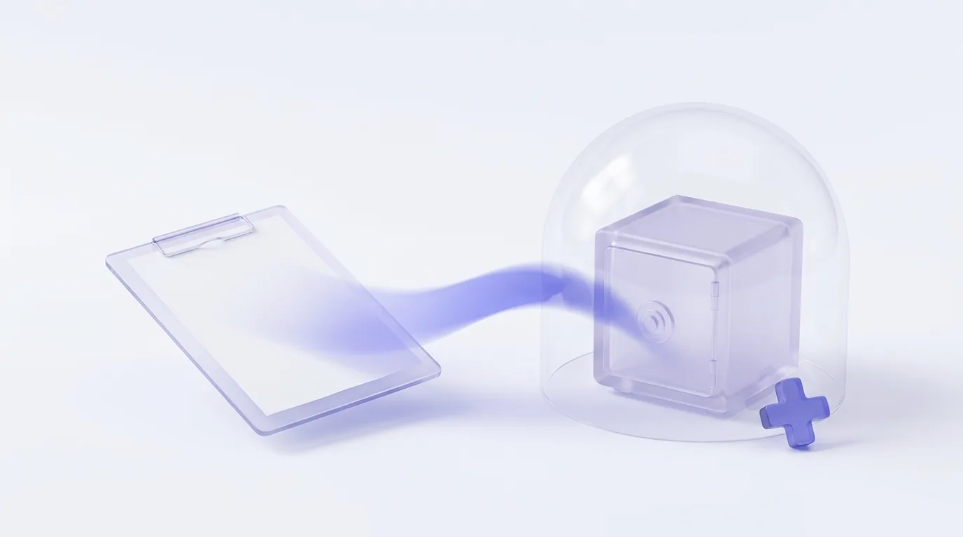A blank intake form on a glass clipboard flowing into a closed vault under a protective glass dome