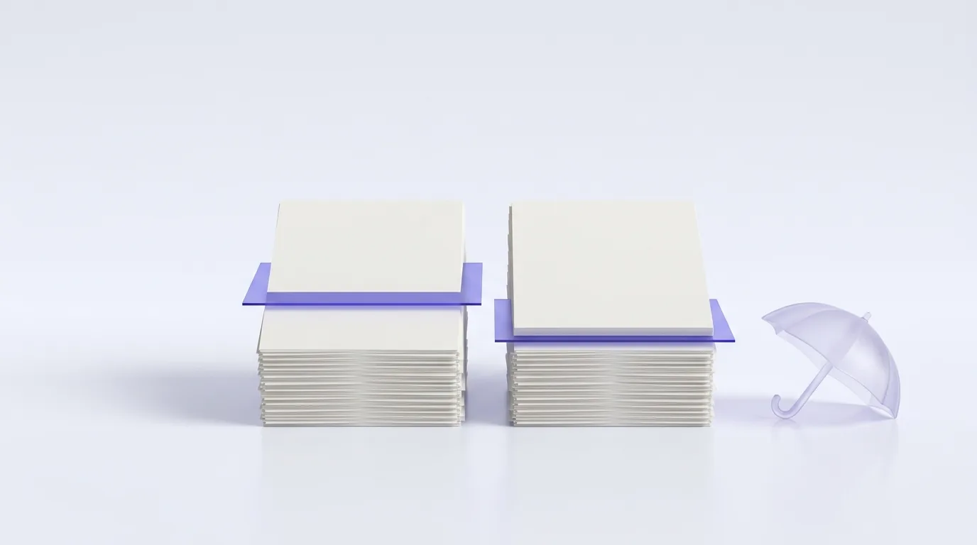 Two stacks of blank sheets, each crossed by an indigo scanning plane, beside a small glass umbrella