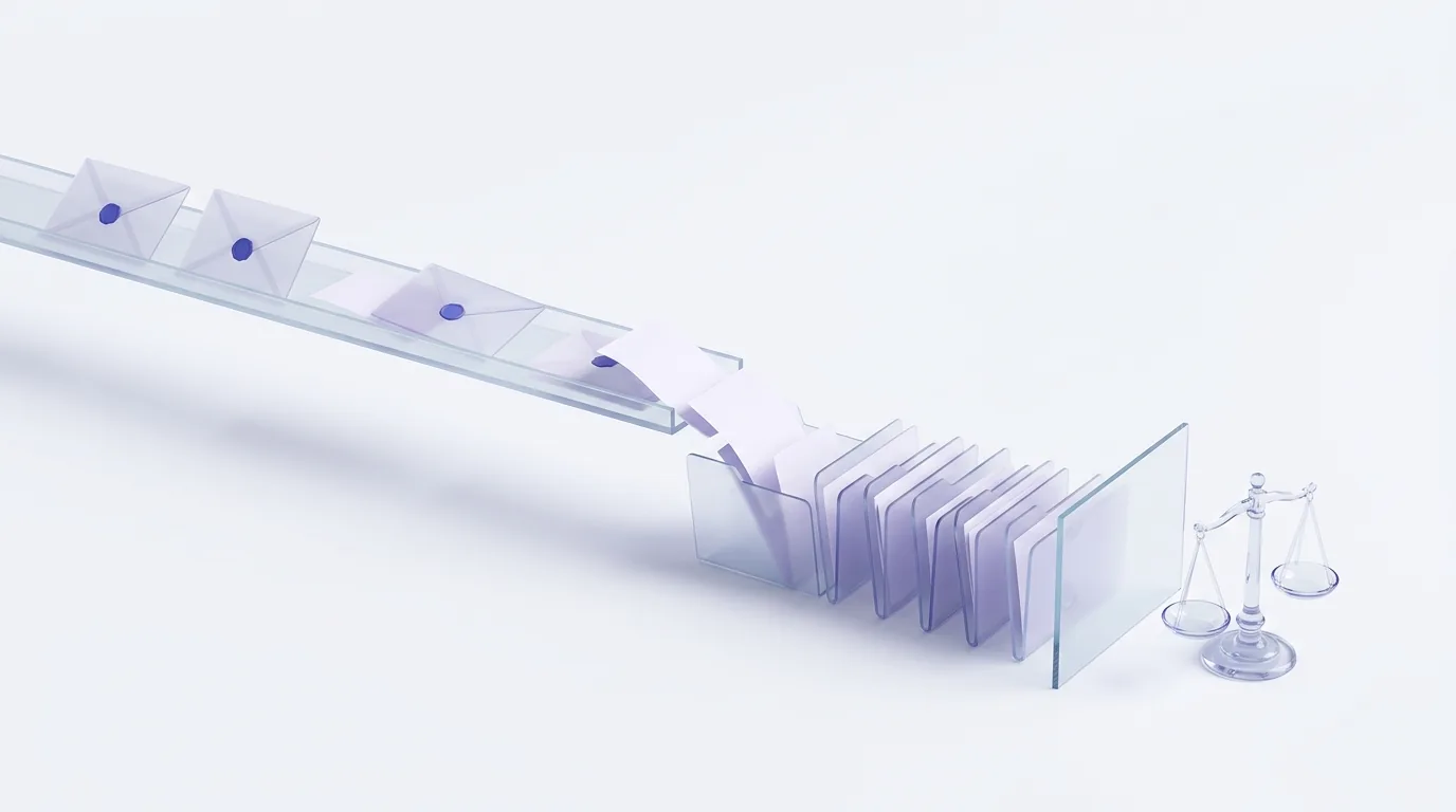 Sealed envelopes on a glass track dropping into matter folders, with a balance scale behind a glass partition