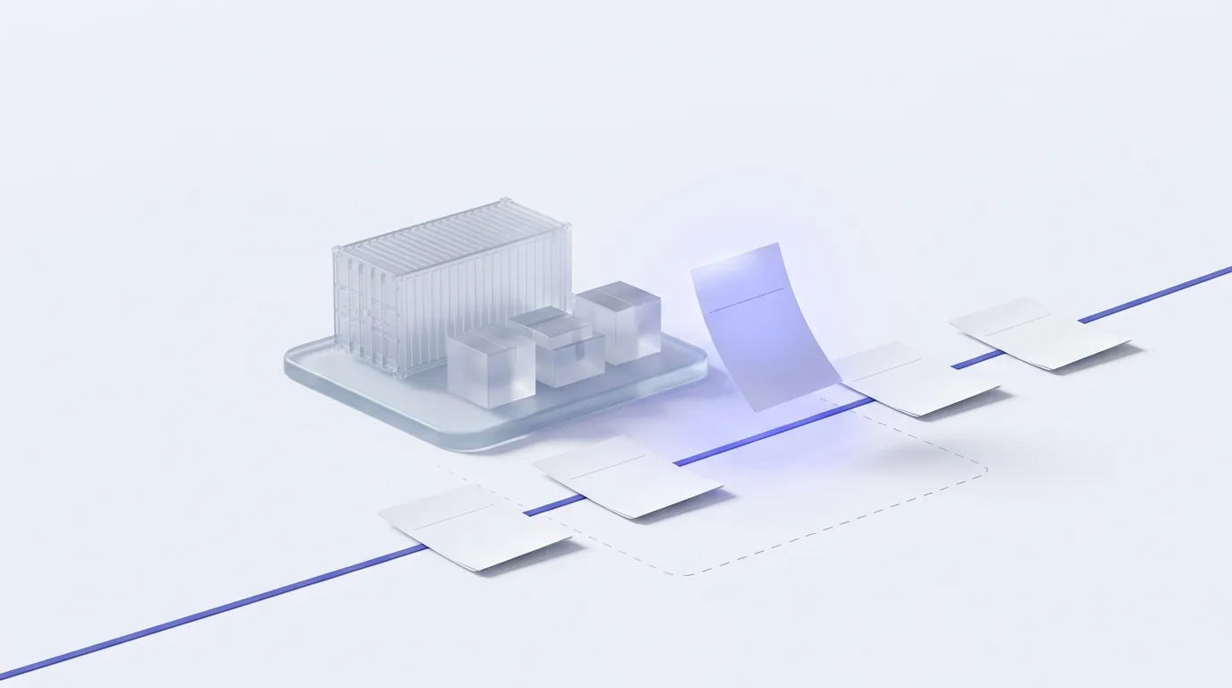 A glass shipping container and cargo packages beside invoices on a tracking line with one invoice lifted for inspection