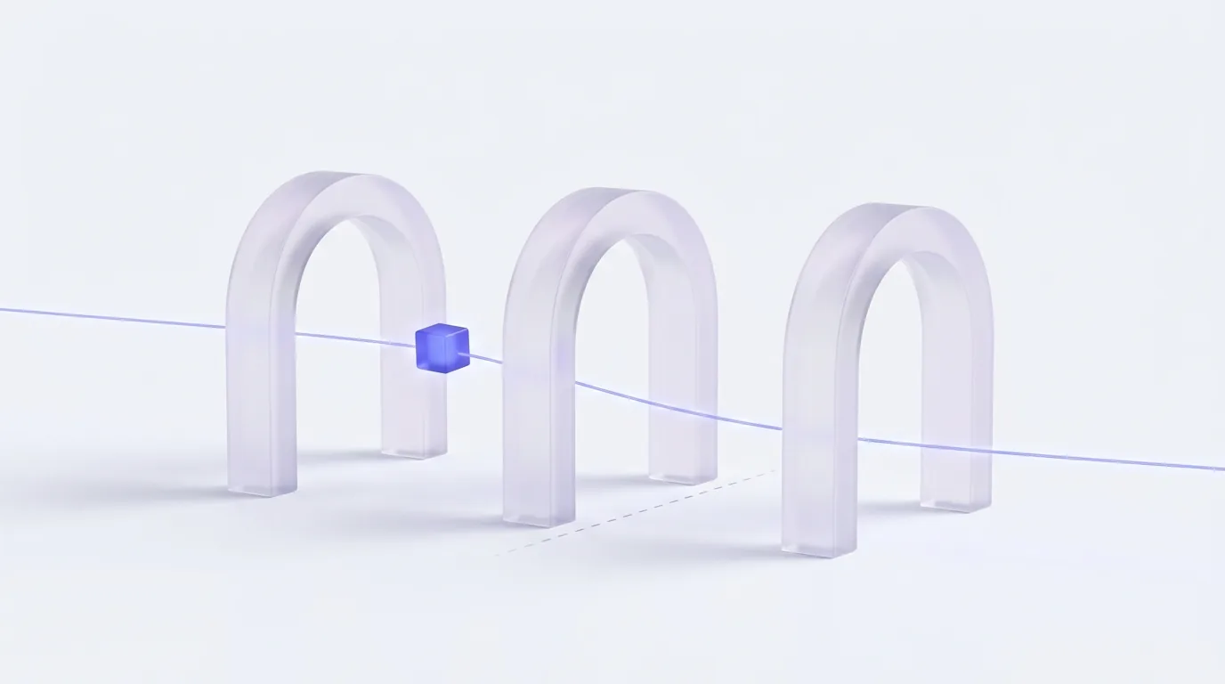 A small indigo cube travelling along a line through three glass arches, crossing a dashed boundary