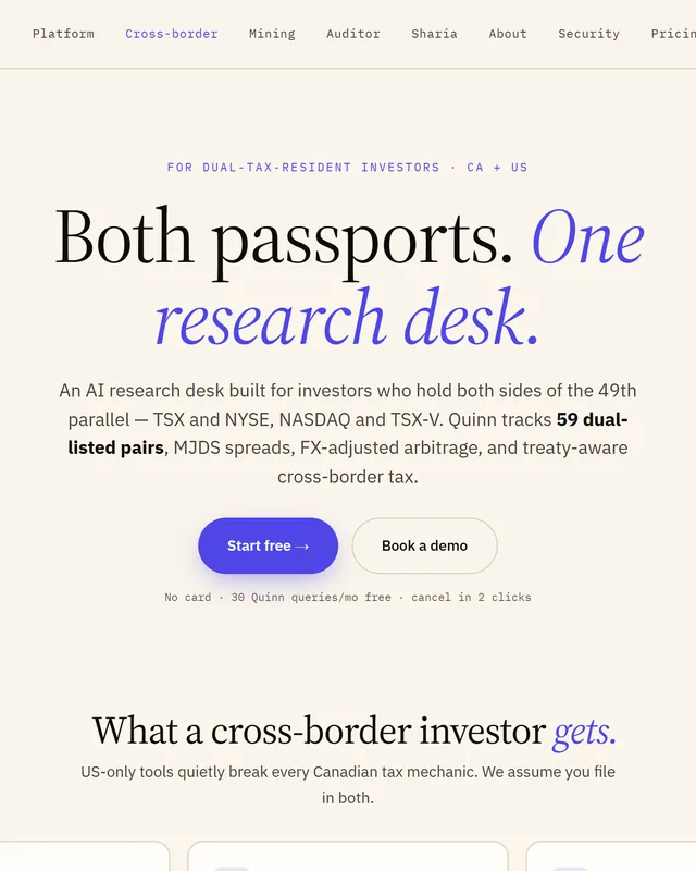 Quintarthai cross-border research desk &mdash; &ldquo;Both passports. One research desk.&rdquo; for investors on both sides of the 49th parallel