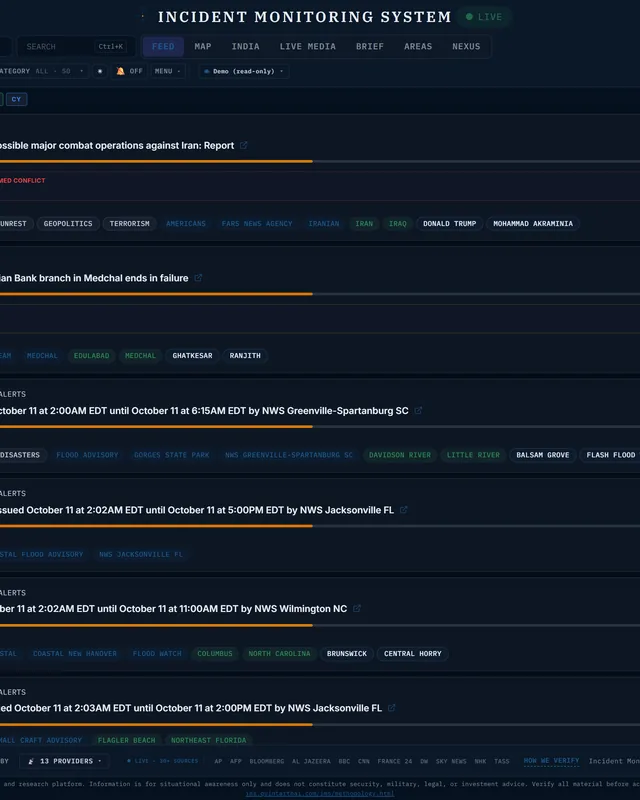 IMS live console: the incident feed, each item with its source, severity and corroboration